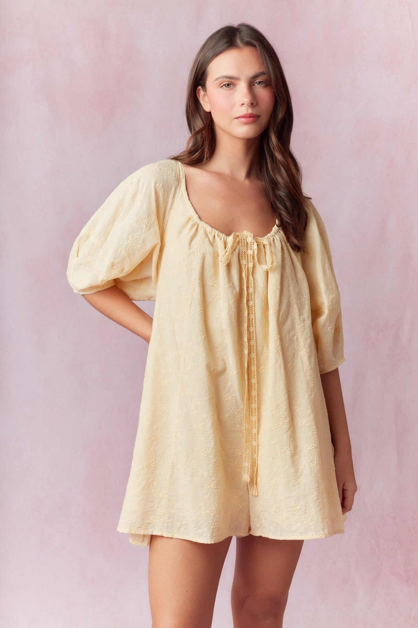 Bow Eyelet Embroidered Romper