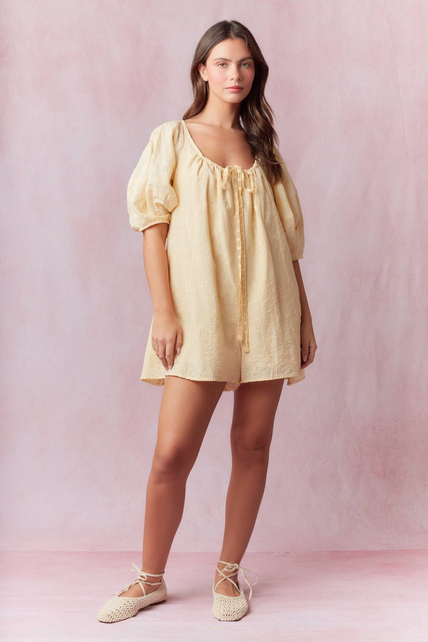 Bow Eyelet Embroidered Romper