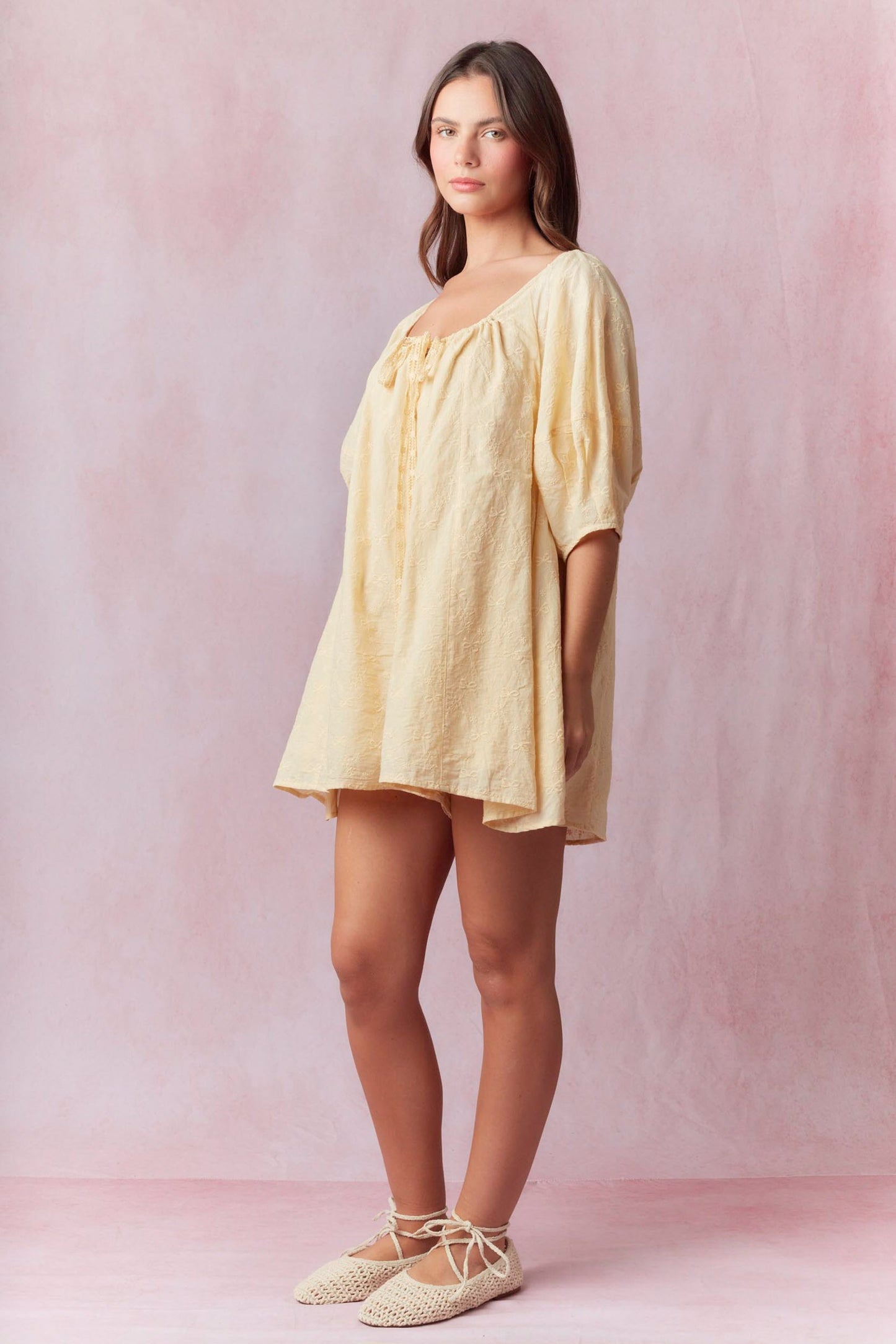 Bow Eyelet Embroidered Romper