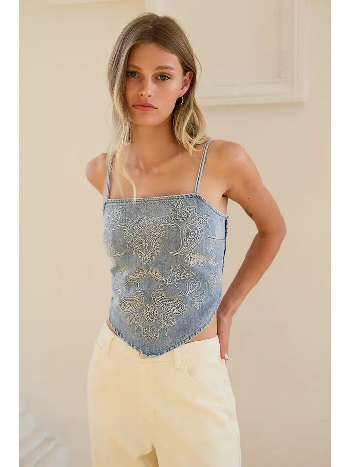 Denim Paisley Embroidery Bandana Top