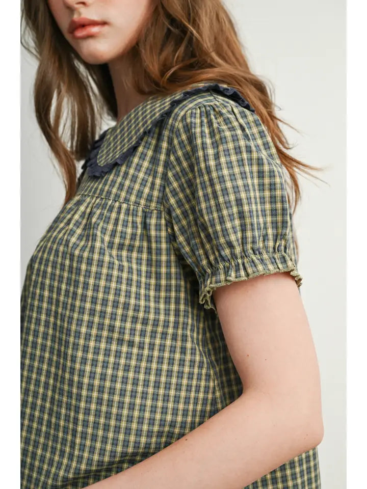 Plaid Peter Pan Collar Puff Sleeve Blouse
