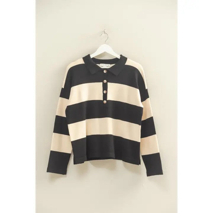 Striped Sweater with Polo Collar Detailing