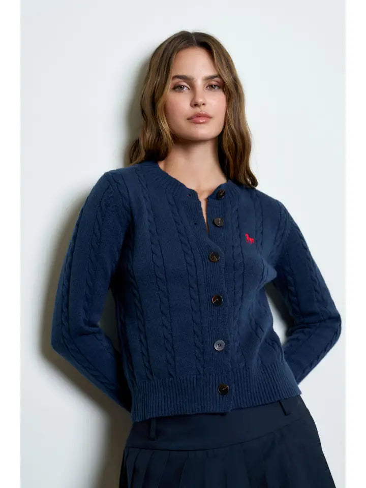 Horse Embroidery Cable Knit Cardigan