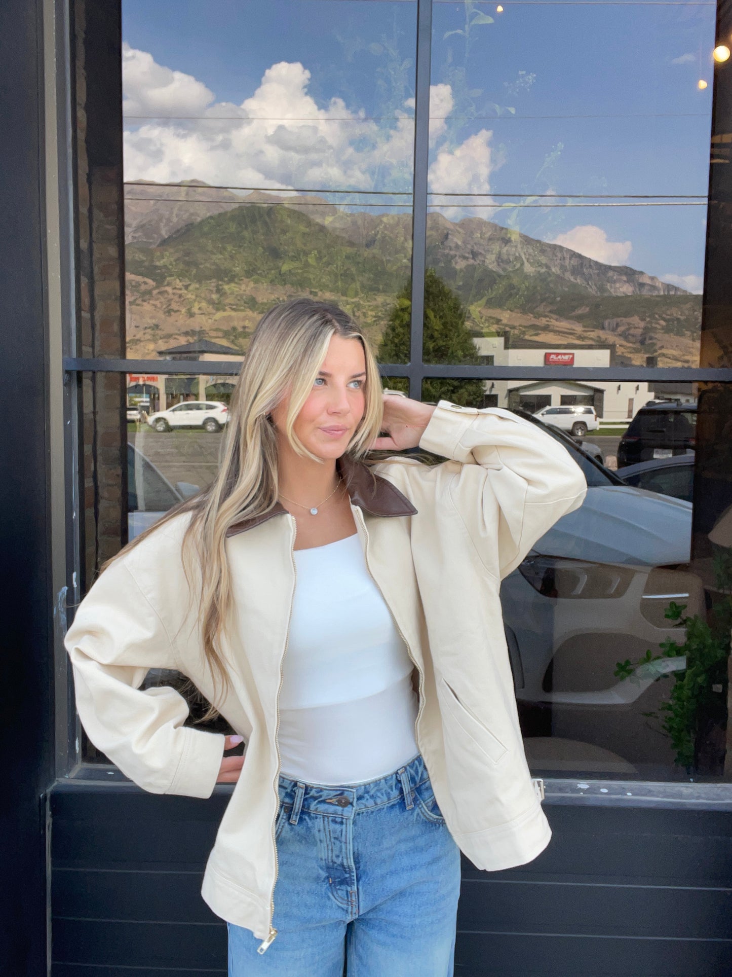 Oversized Workwear Jacket with Faux Leather Collar