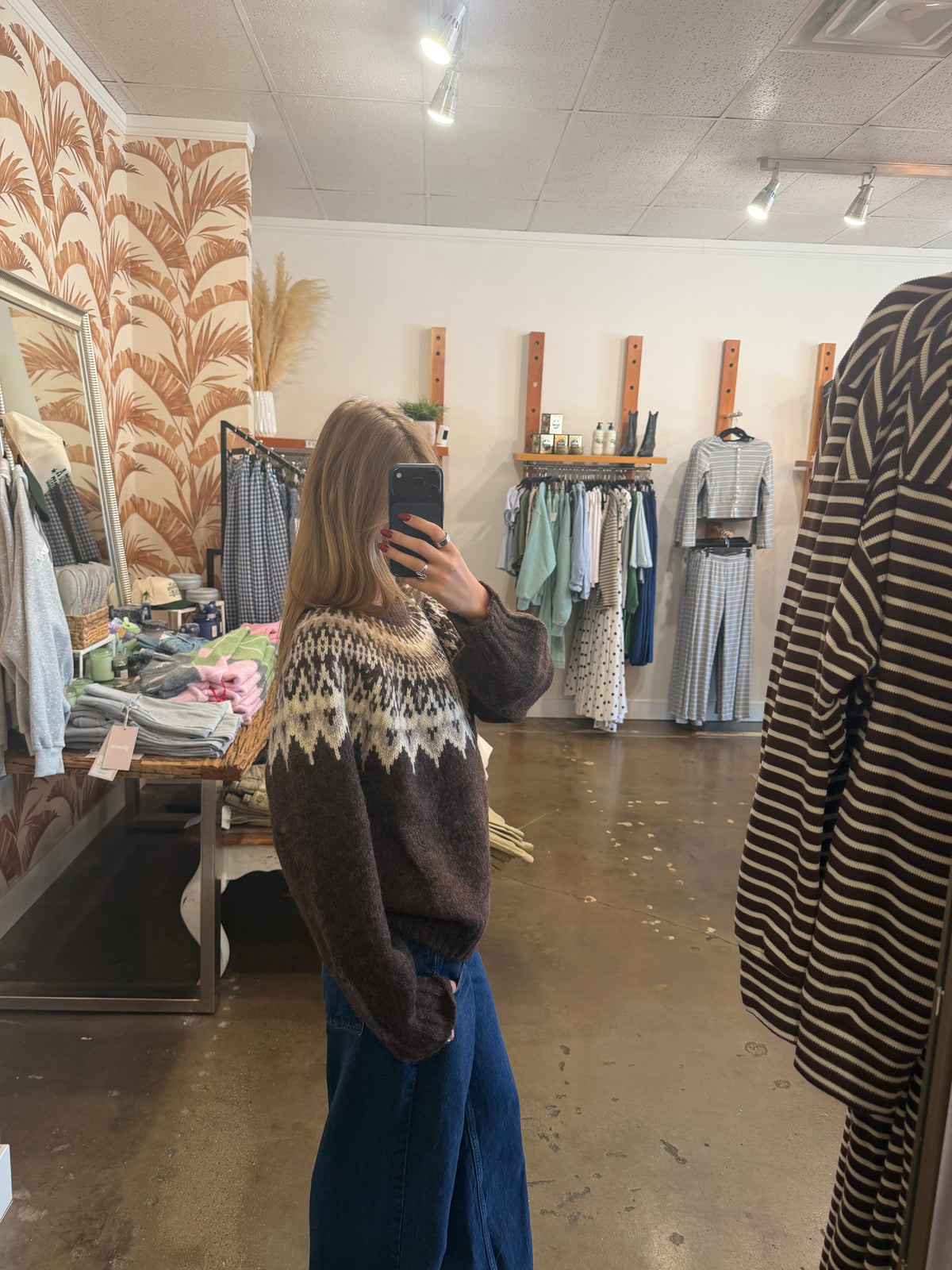 Fair Isle Yoke Crew Neck Knit Pullover Sweater