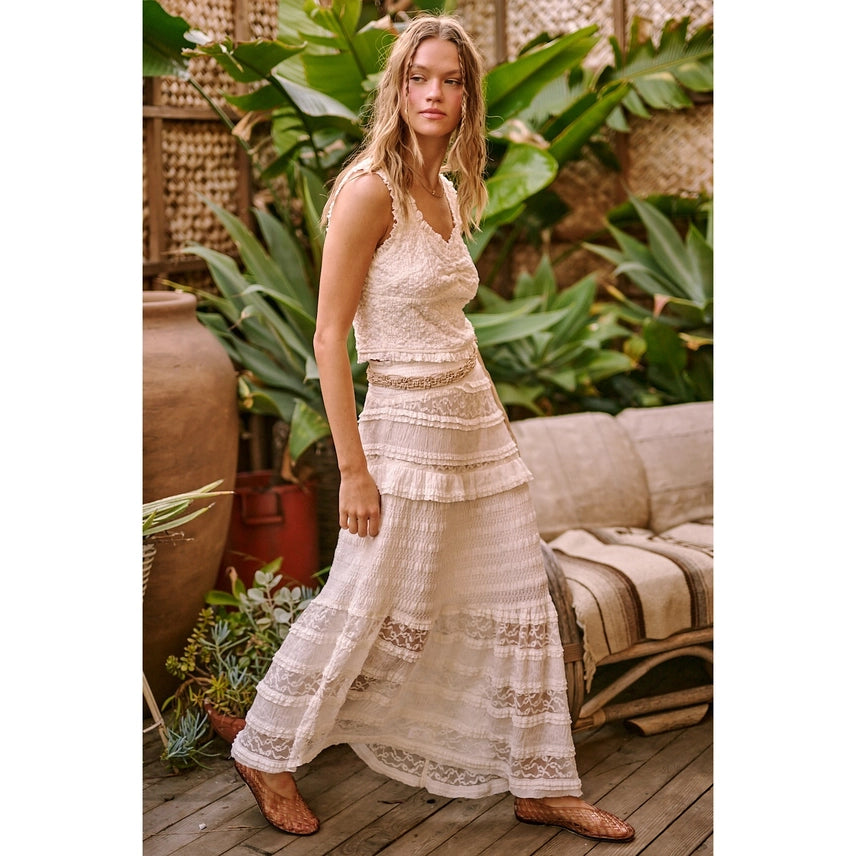 Lace Asymmetrical Ruffle Tiered Maxi Skirt Ella Bloom Lace Asymmetrical Ruffle Tiered Maxi Skirt Ella Bloom
