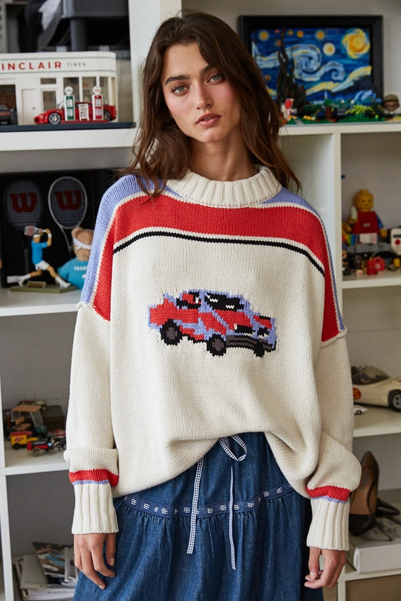 Vintage Car Intarsia Knit Pullover