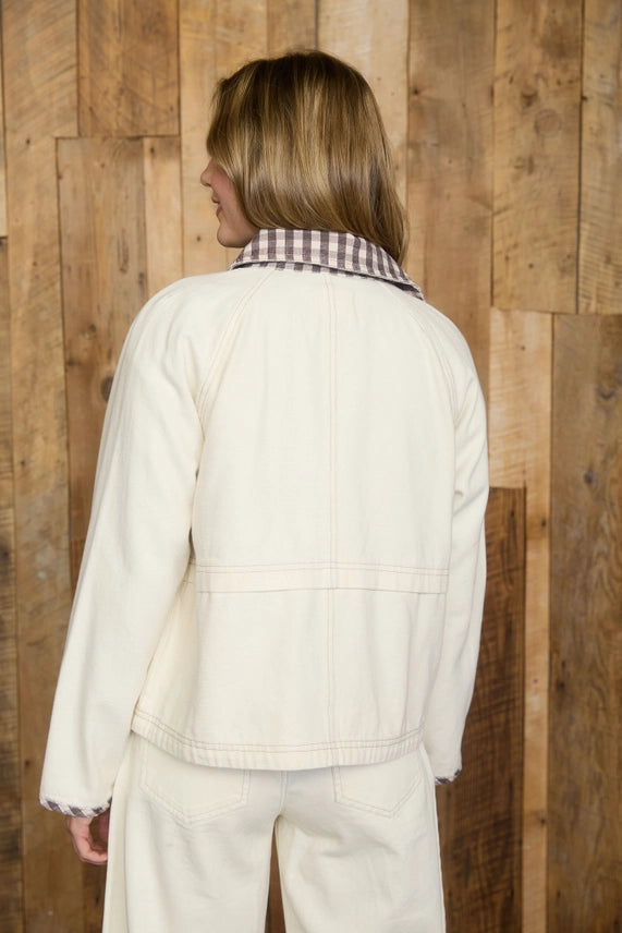 Plaid Detail Zip-Up Snap Button Jacket