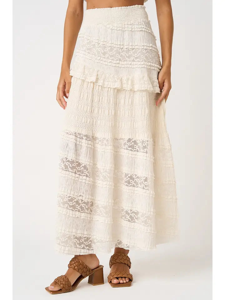 Lace Asymmetrical Ruffle Tiered Maxi Skirt