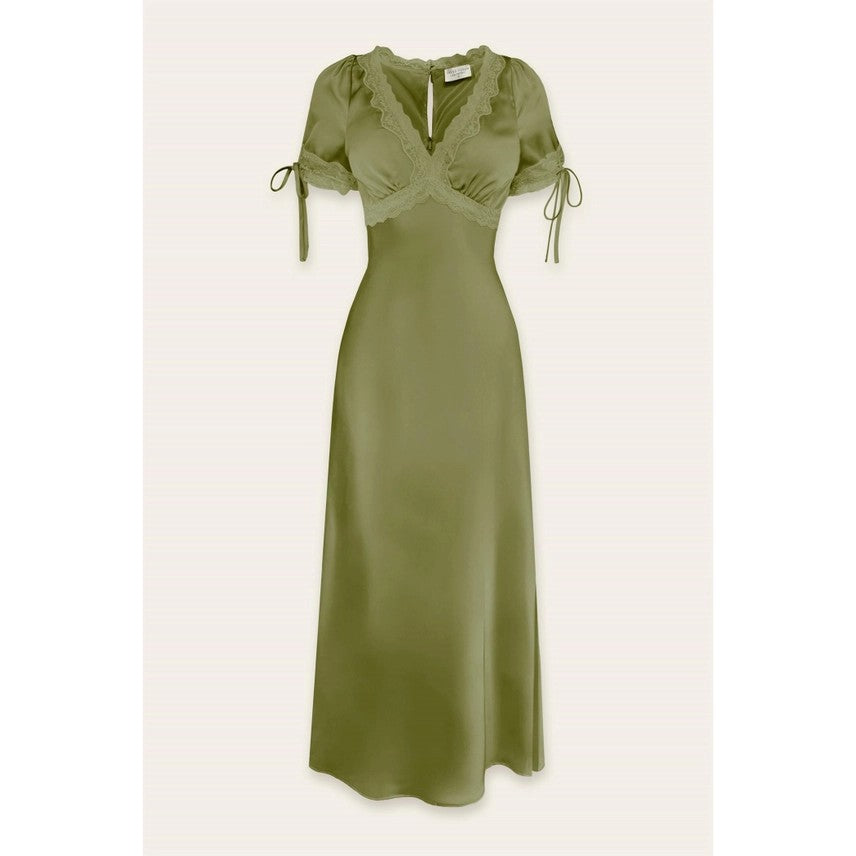 Dull Satin Lace Trim Plunging Midi Dress