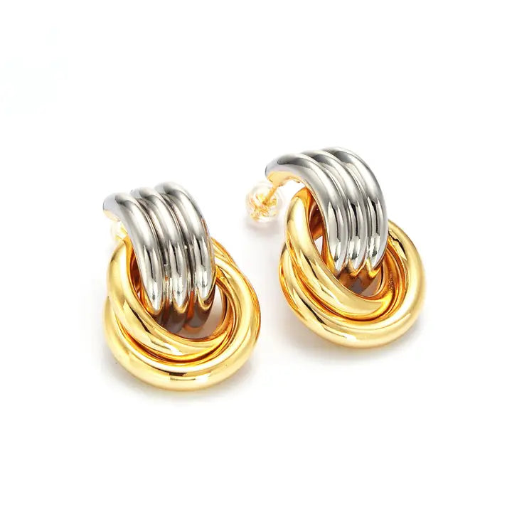Two Tone Door Knocker Drop Stud Earrings