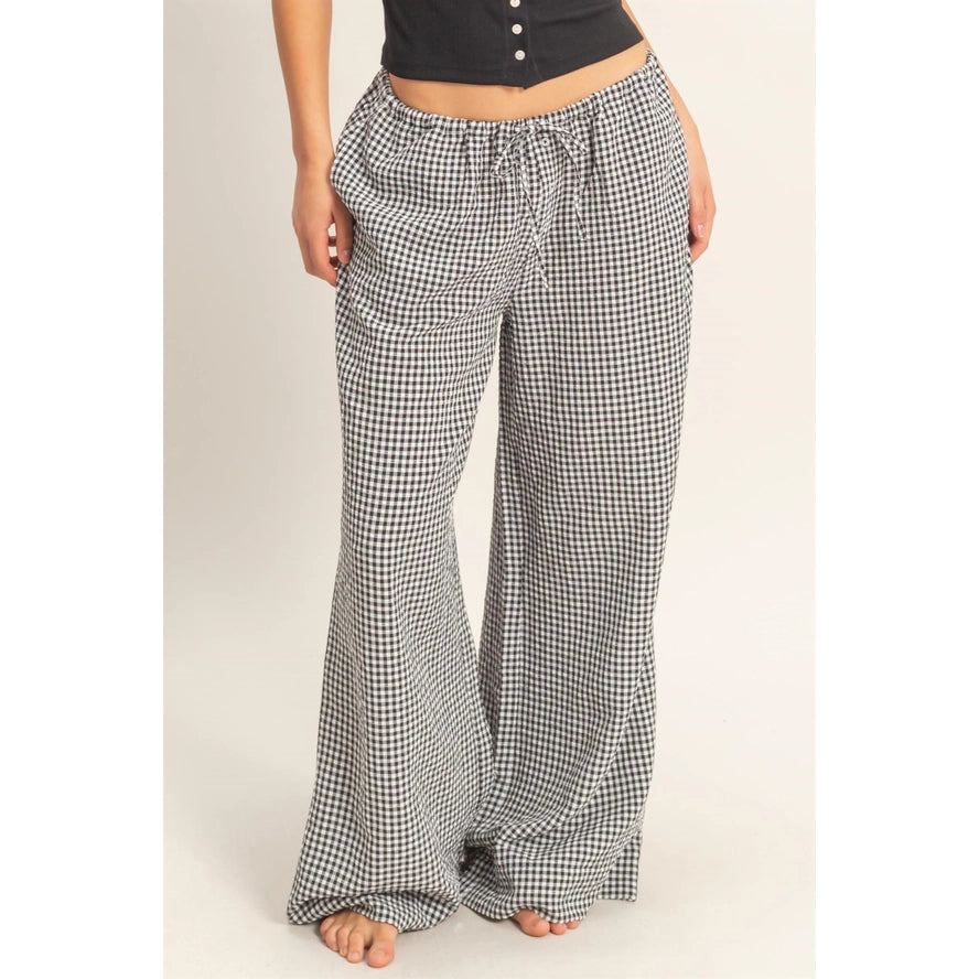Gingham Drawstring Wide-Leg Pants