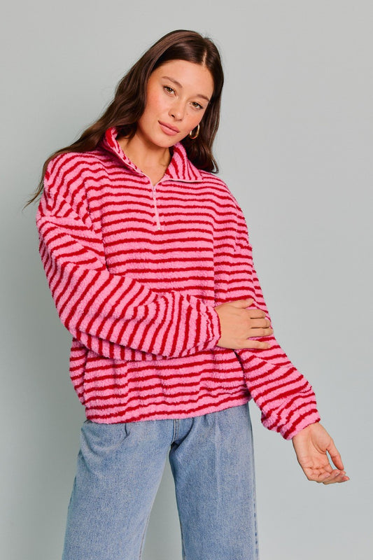 Stripe Printed Long Sleeve Red & Pink Quarter Zip