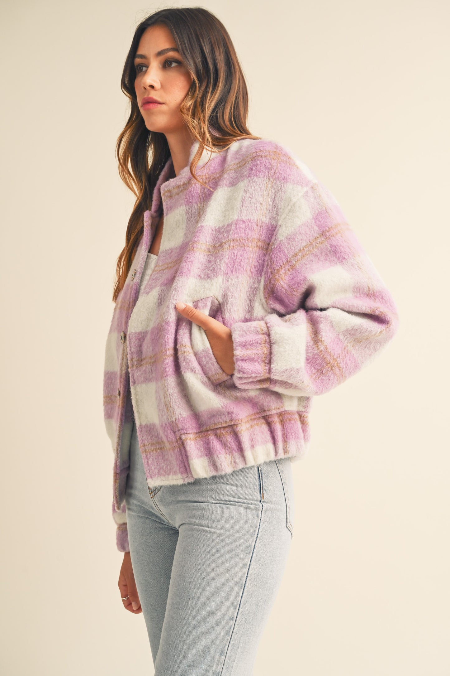 Plaid Print Fuzzy Bomber Jacket