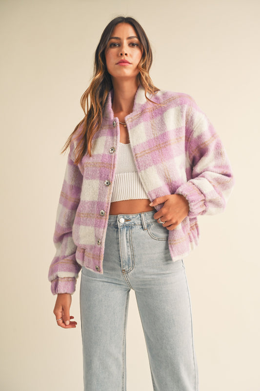 Plaid Print Fuzzy Bomber Jacket