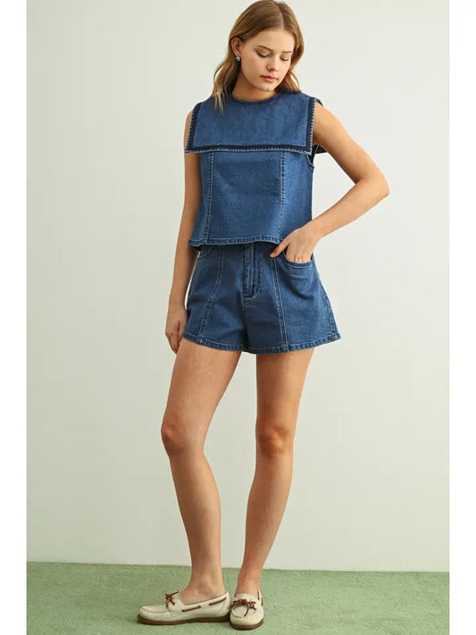 Sailor Collar Stretch Denim Top