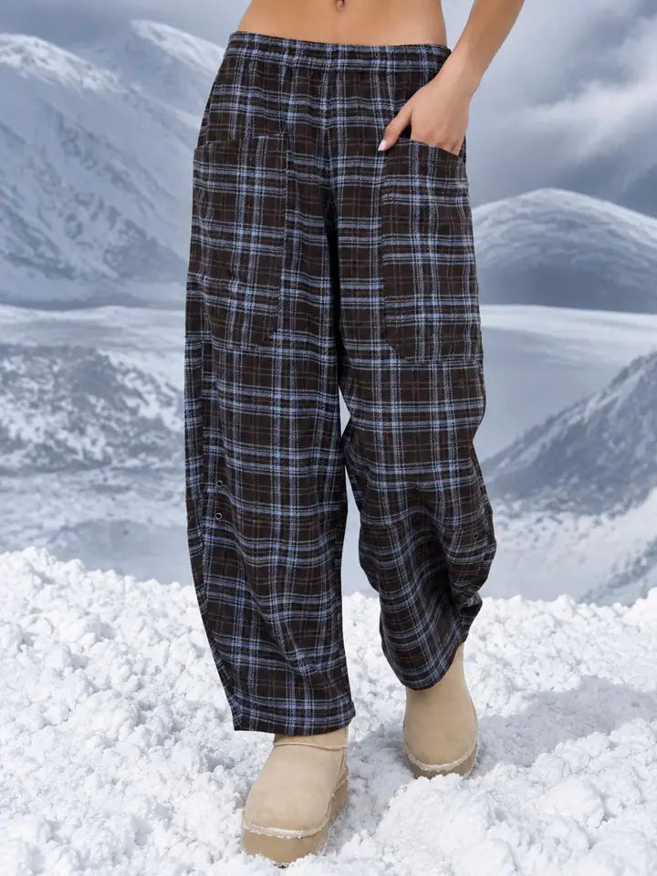 Plaid Elastic Waist Patch Pocket Barrel Leg Pants