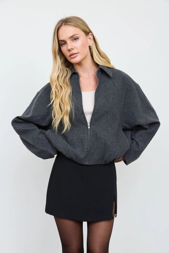 Raglan Zip-Up Cropped Balloon Hem Jacket