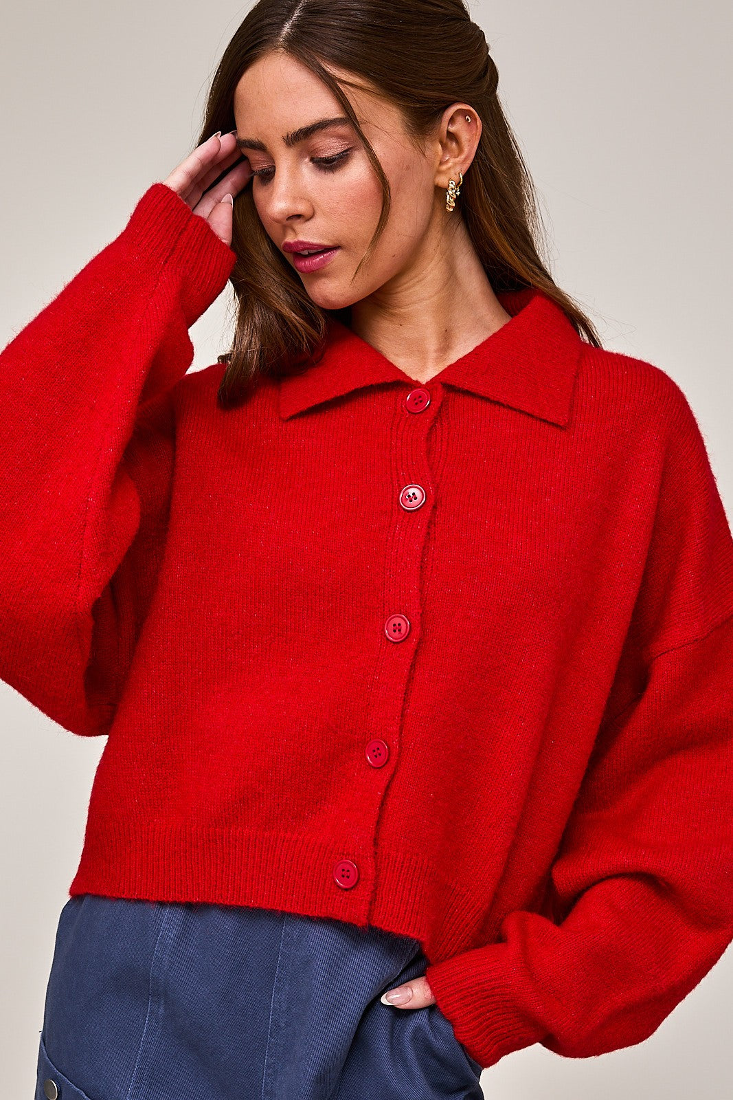 Collared Sweater Red Cardigan