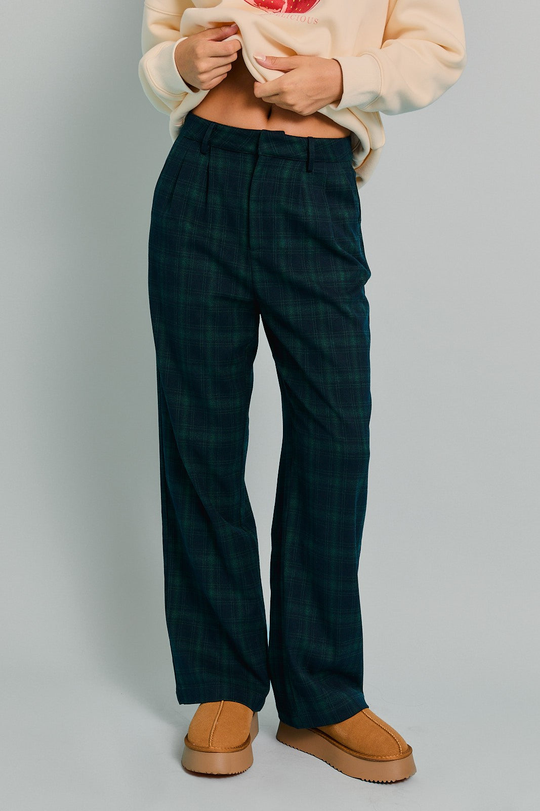 High Waisted Pleated Check Pants