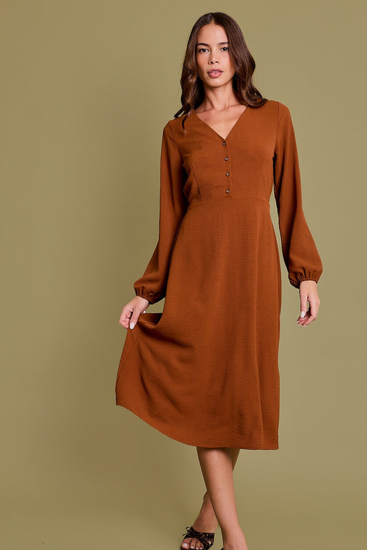 Long Sleeve V-Neck Button Down Back Tie Midi Dress