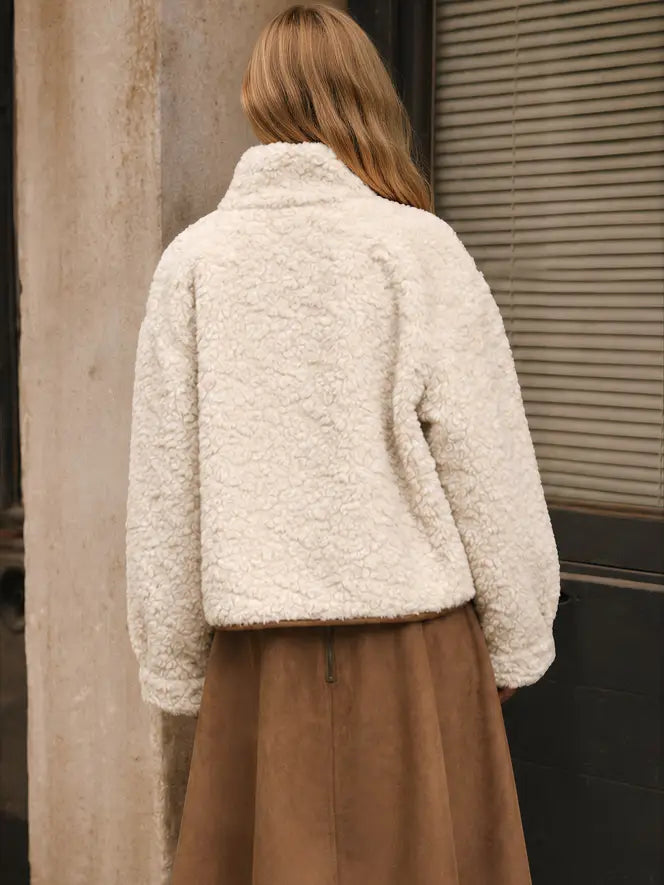 Mock Neck Sherpa Suede Trim Button Down Jacket