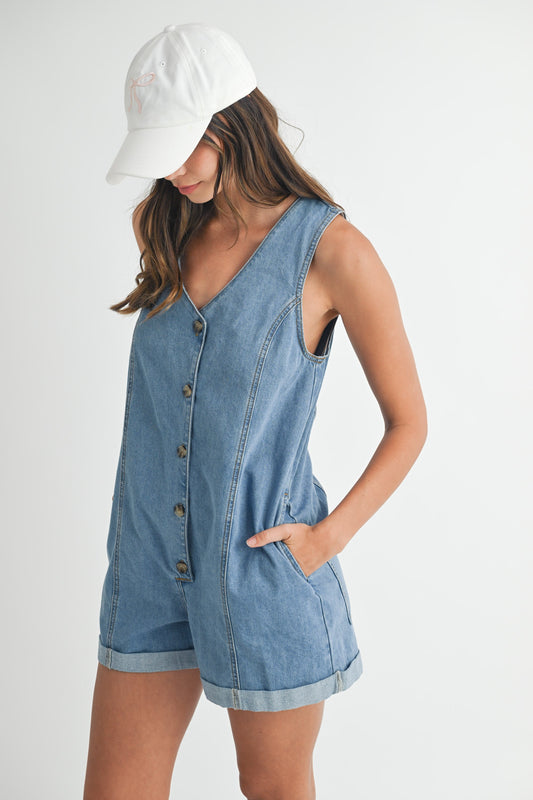 Sleeveless Button Down Denim Romper