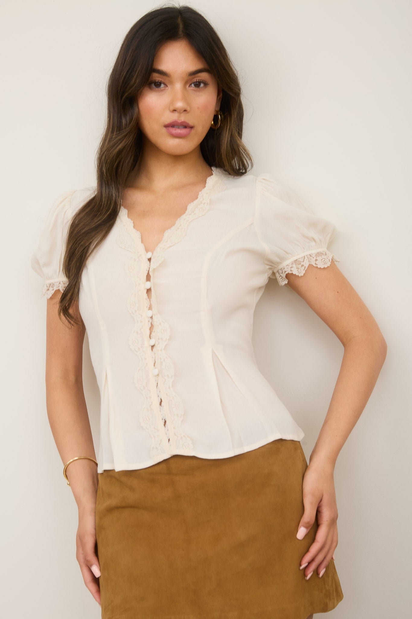 Lace Trim Button Down Blouse