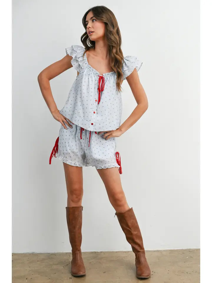 Ditsy Print Ribbon-Tie Top
