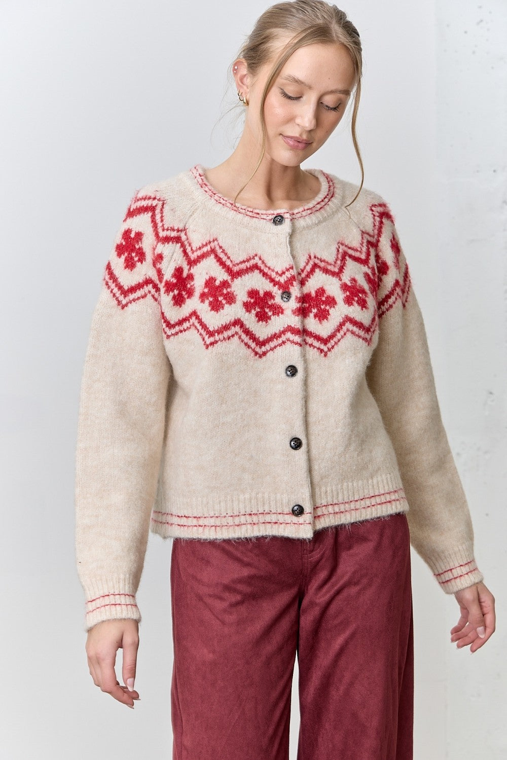 Flower Intarsia Sweater Cardigan