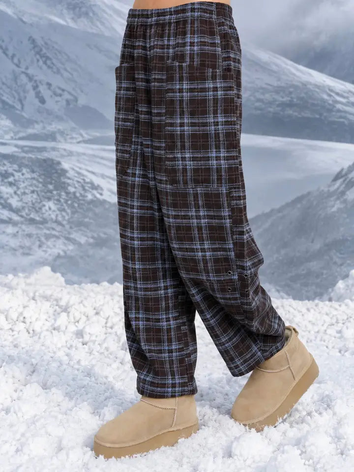 Plaid Elastic Waist Patch Pocket Barrel Leg Pants