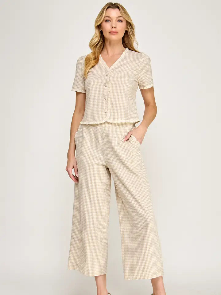 Ruffle Detail Gingham Print Pants