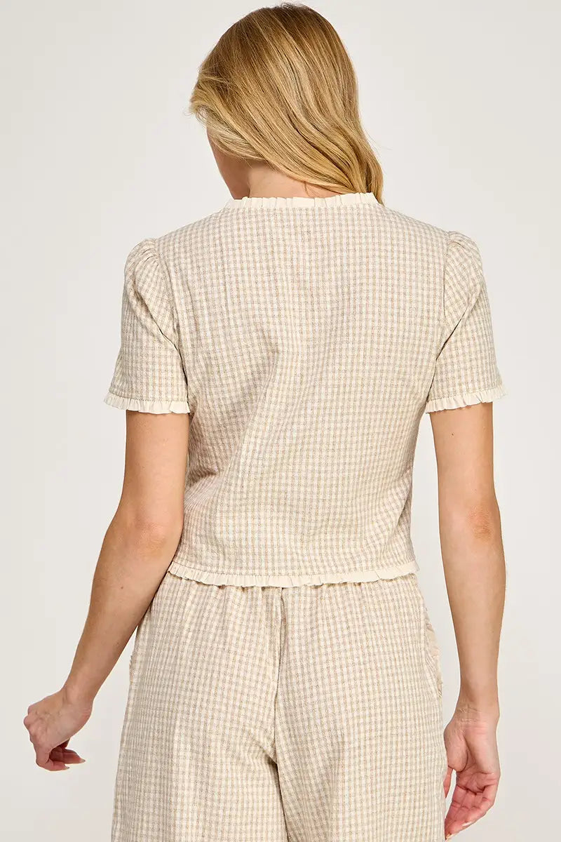Ruffle Detail Gingham Print Top