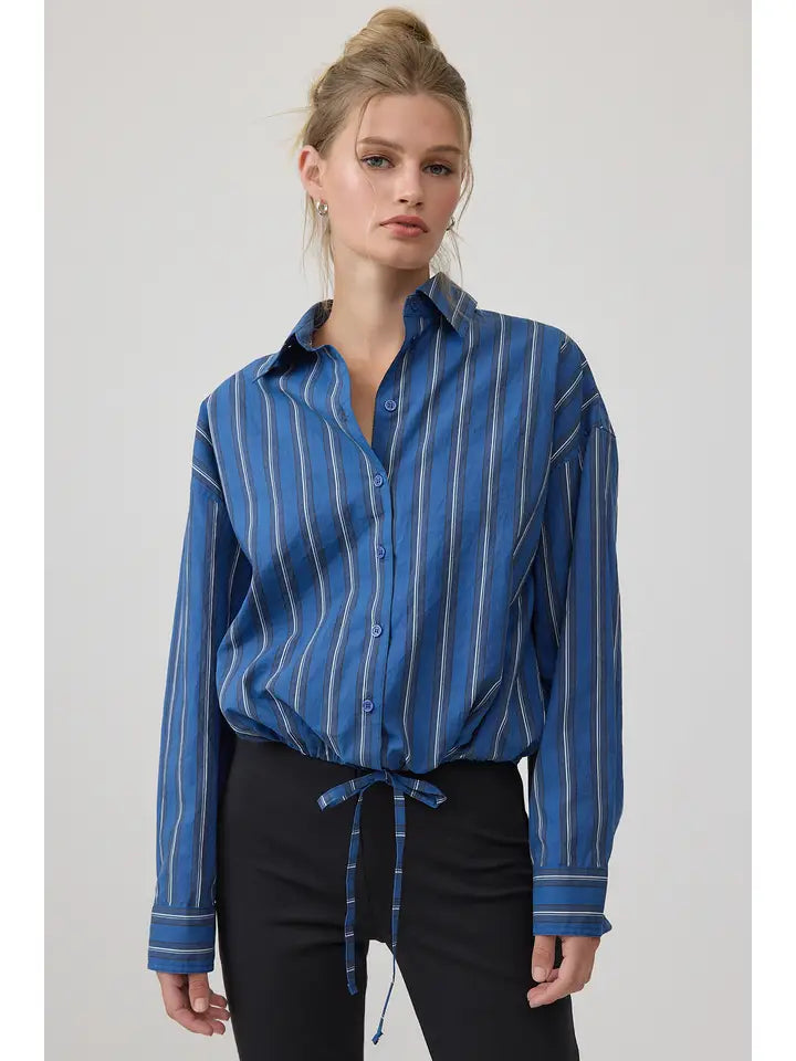 Stripe Button-Up Drawstring Shirt