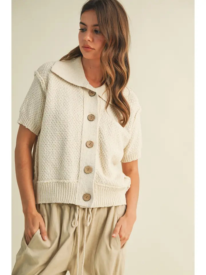 Short Sleeve Collared Sweater Knit Top