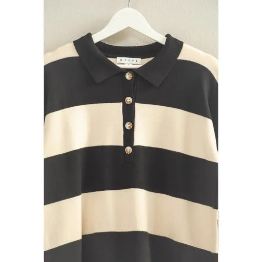 Striped Sweater with Polo Collar Detailing