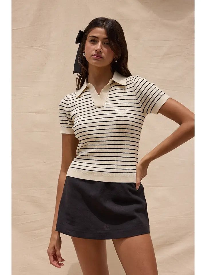 Ivory Thin Stripe Collared Short Sleeve Knit Top