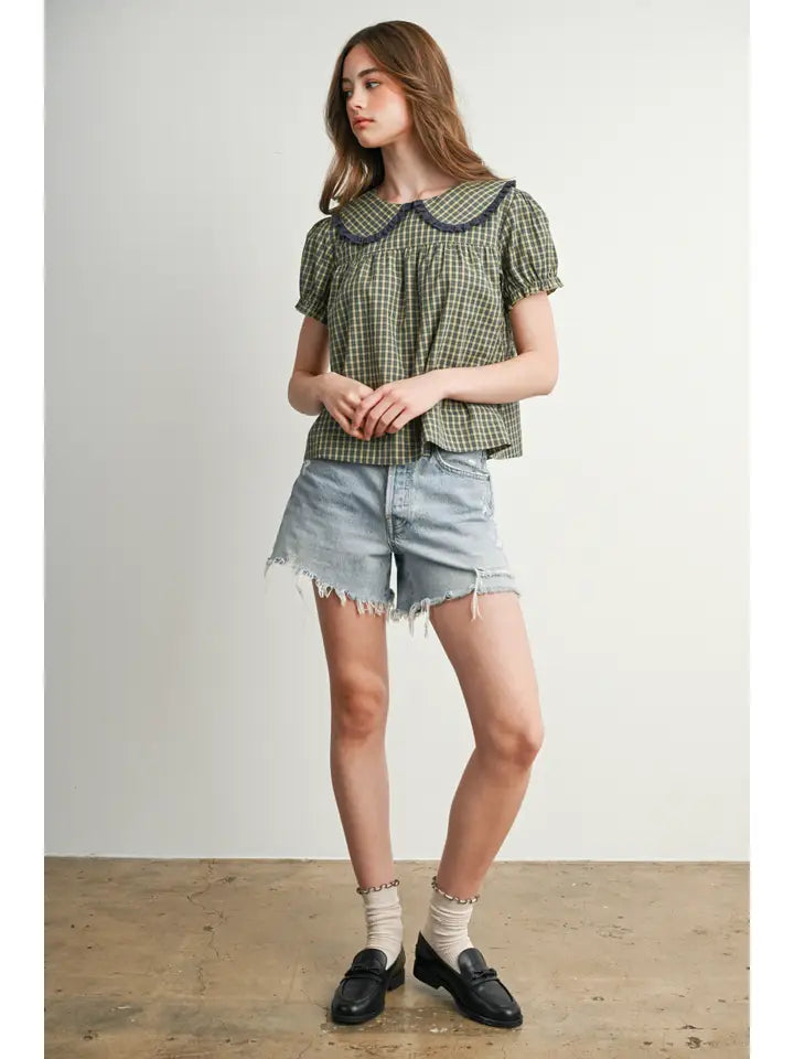 Plaid Peter Pan Collar Puff Sleeve Blouse