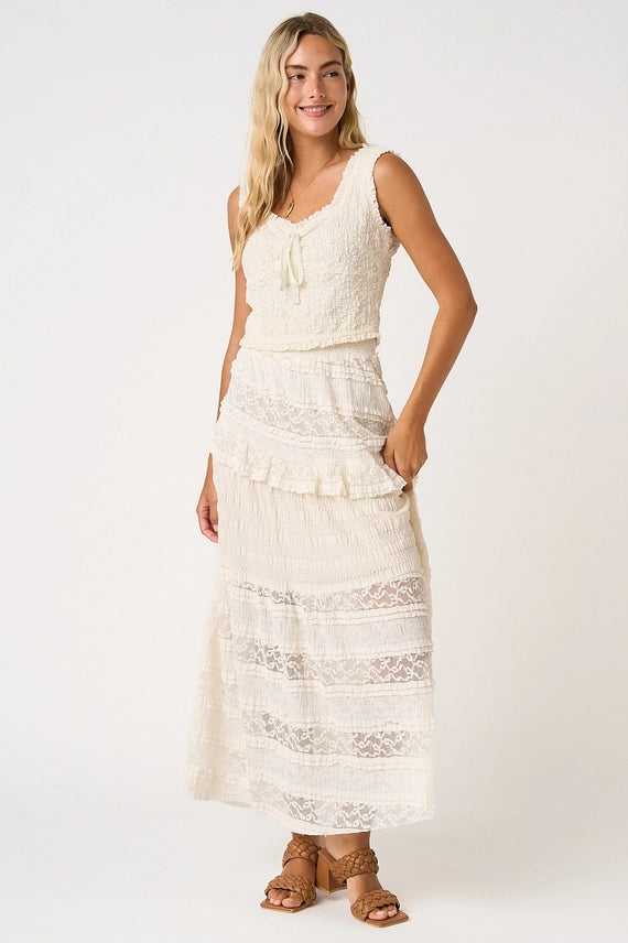 Lace Asymmetrical Ruffle Tiered Maxi Skirt