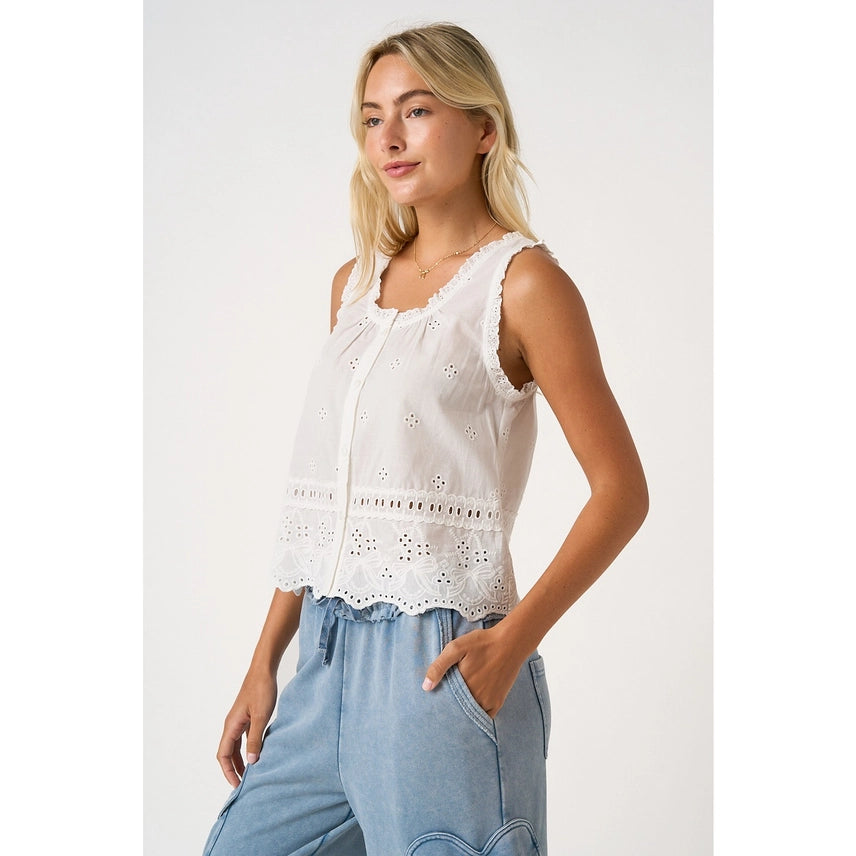 Embroidered Eyelet Button Front Tank Top
