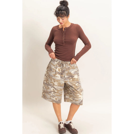 Camouflage Print Drawstring Shorts