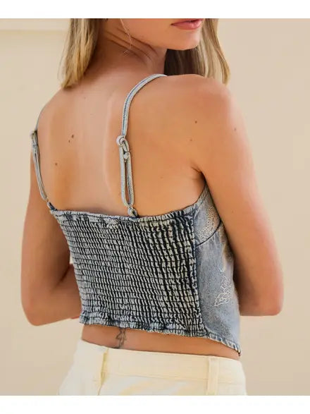 Denim Paisley Embroidery Bandana Top