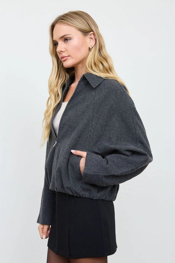 Raglan Zip-Up Cropped Balloon Hem Jacket