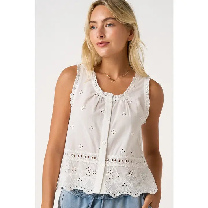 Embroidered Eyelet Button Front Tank Top