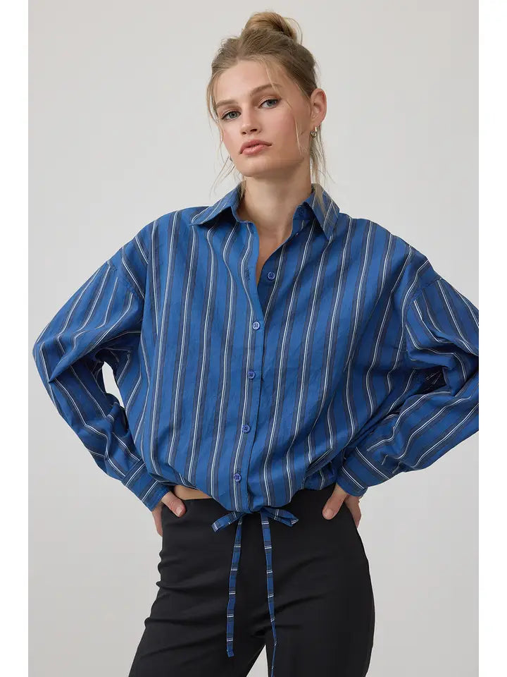 Stripe Button-Up Drawstring Shirt