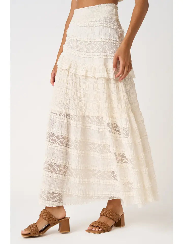 Lace Asymmetrical Ruffle Tiered Maxi Skirt