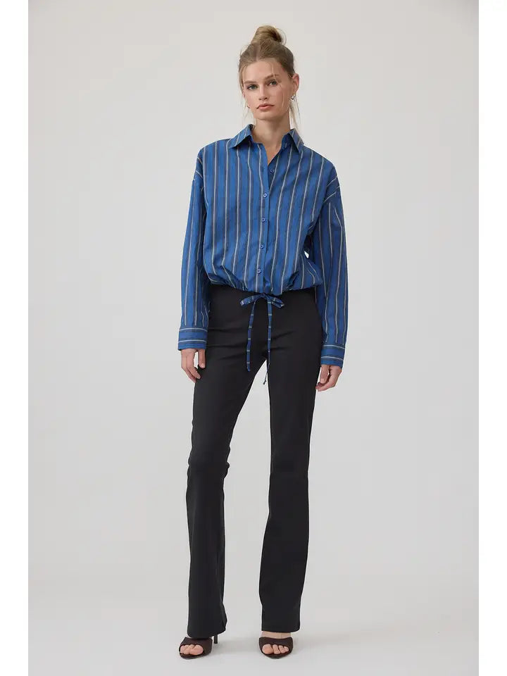 Stripe Button-Up Drawstring Shirt