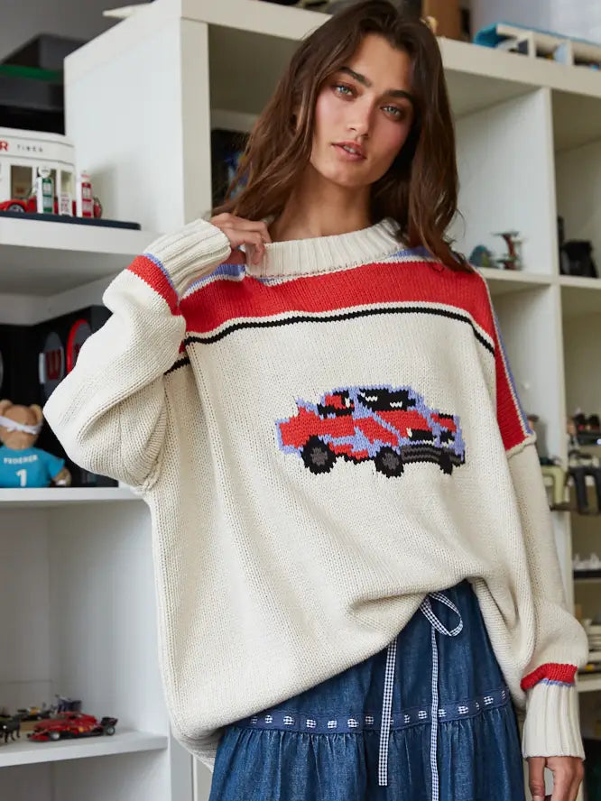 Vintage Car Intarsia Knit Pullover