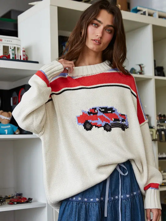 Vintage Car Intarsia Knit Pullover
