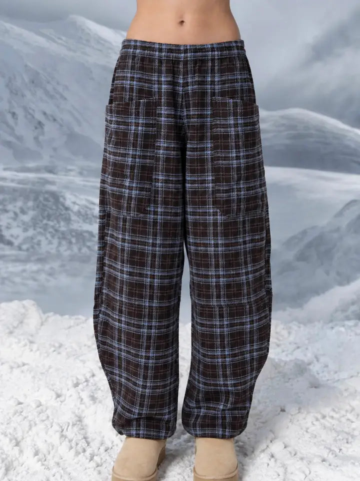 Plaid Elastic Waist Patch Pocket Barrel Leg Pants
